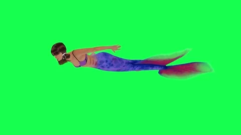 3D blue red magical kind mermaid swimming fast from right angle on green screen Video stock 247973348