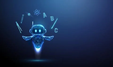 3D blue robot and educational symbols in hands. Online learning, knowledge Stock Illustration