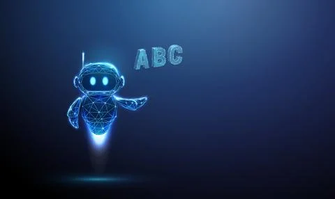 3D blue robot and letters abc in hand. Education, learning, language, literacy Ilustración de archivo