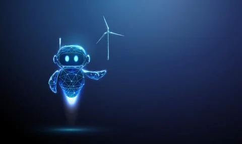 3D blue robot and wind turbine. Artificial intelligence, green energy, renewable Illustrazione stock