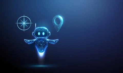 3D blue robot with compass and location pin. Artificial intelligence, virtual Illustrazione stock