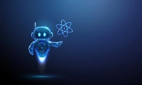 3D blue robot holding electron orbit. Artificial intelligence, atomic model Stock Illustration