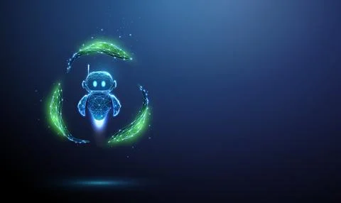 3D blue robot inside a leaf circle. Green technology, eco automation Ilustración de archivo