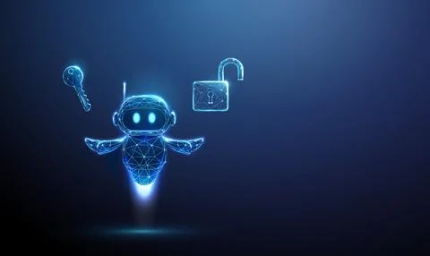 3D blue robot with key and open lock in hands. Cybersecurity, data protection Иллюстрация