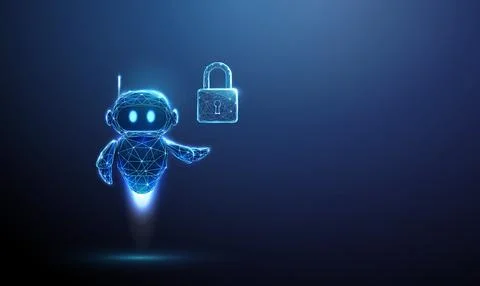 3D blue robot with a lock. Cybersecurity, data protection, privacy, artificial Illustrazione stock