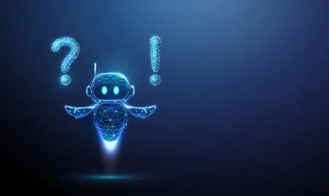 3D blue robot with question and exclamation marks. Problem solving, decision Illustrazione stock