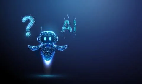 3D blue robot with question mark and AI in hands. Chatbot assistant, virtual Illustrazione stock