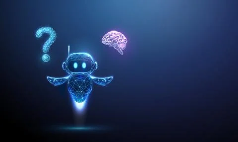 3D blue robot with question mark and brain in hands. AI thinking, machine Illustrazione stock