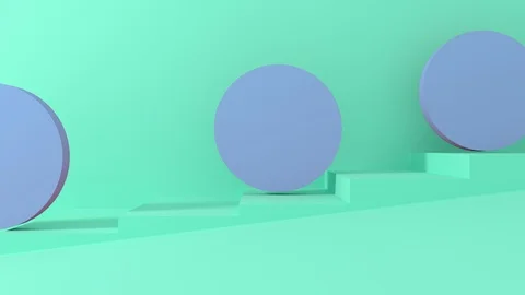 3d blue round objects roll down the green pastel stairs. 4K render animation foo Video stock 107863370