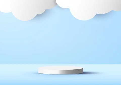3D blue scene background with white cylinder podium and cloud paper cut style Stock Illustration