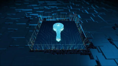 3D blue security Key logo and particles with circuit board Stock Footage 242935184