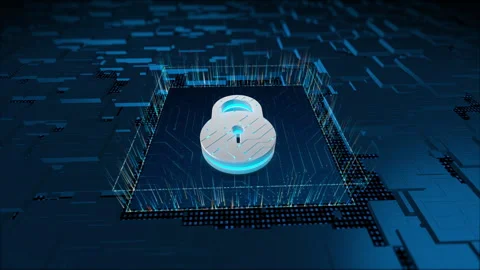 3D blue security Key logo and particles with circuit board Stock Footage 243411487