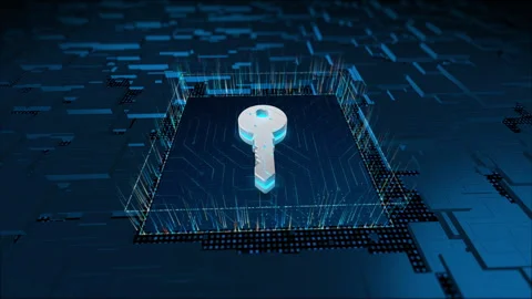 3D blue security Key logo and particles with circuit Stock Footage 243411508