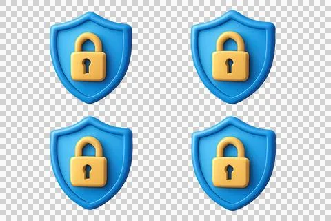 3D Blue Security Shield Icons with Yellow Padlock Symbols on Transparent Bac Stock Illustration