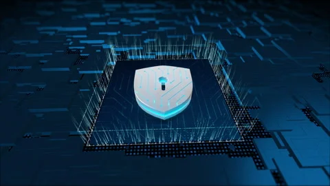 3D blue security Shield logo and particles with circuit board Stock Footage 242935362