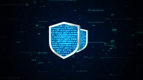 3D blue shield rotate with blue binary code encryption data, Privacy security Stock Footage 242208392