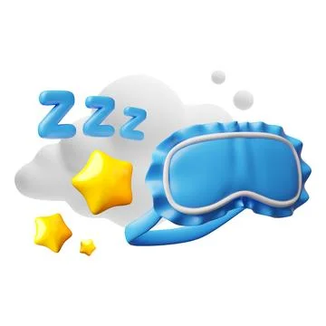 3D blue sleeping mask with yellow stars, ZZZ, and clouds. Stock Illustration