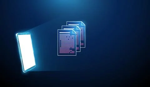3D blue smartphone and documents. Mobile documents, digital files, paperless Illustrazione stock