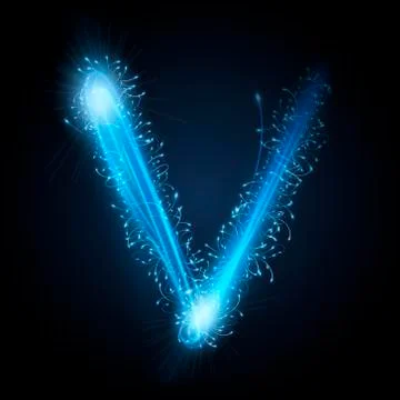 3d blue sparkler firework letter V Illustrazione stock