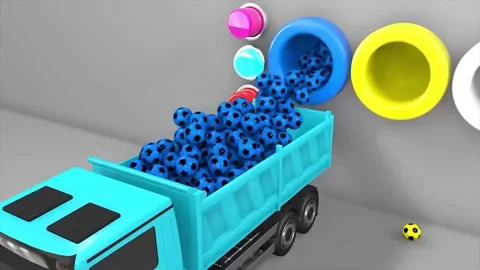 3D Blue Spheres Flow into Dump Truck Loading Scene Stock Footage 332760526