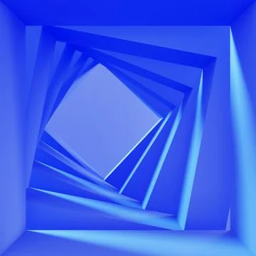 3d blue square spin tunnel perspective. Futuristic rotation portal of geometric Stock-Illustration