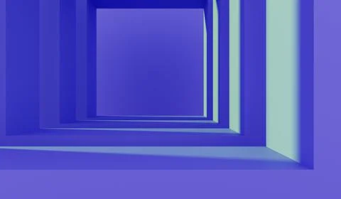 3d blue square tunnel perspective. Abstract geometric room with corridor and Stock Illustration