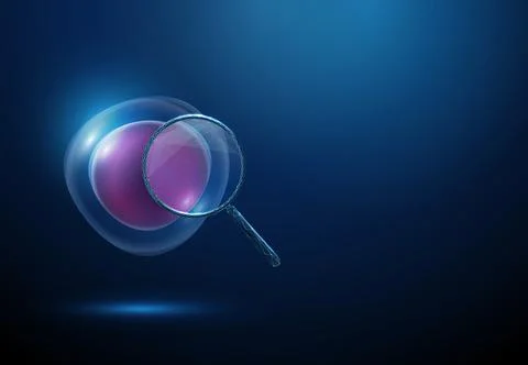 3D blue stem cell with magnifying glass. Cell research, genetics, regenerative Stock Illustration