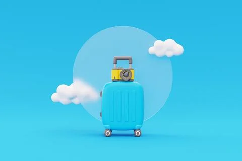 3D blue suitcase with camera and clouds, Tourism and travel concept, holida.. Stock Illustration