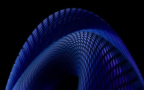 3D Blue Twisted Ribbon with Hexagonal Texture and Purple Glow on Dark Background Illustrazione stock