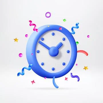 3d blue wall clock surrounded by colorful confetti Stock Illustration
