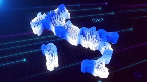 3D Blue White Dynamic Hexagonal Prism Rippling Italy Map and Text with Hud Grid Stock Footage 279903319