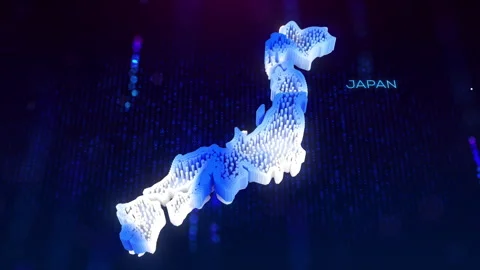 3D Blue White Dynamic Hexagonal Prism Rippling Japan Map and Text with Hud Grid Stock Footage 280032952