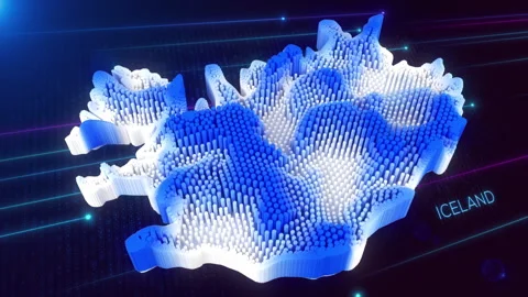 3D Blue White Dynamic Hexagonal Prism Rippling Iceland Map Text with Hud Grid Stock Footage 280133224