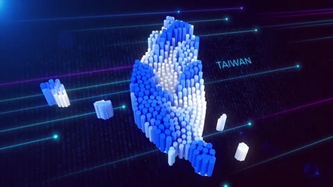 3D Blue White Dynamic Hexagonal Prism Rippling Taiwan Map and Text with Hud Grid Stock Footage 280228561