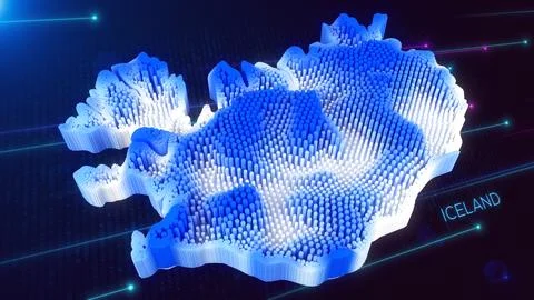 3D Blue White Dynamic Hexagonal Prism Rippling Iceland Map Text with Hud Grid Stock Photos