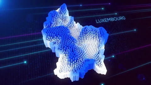 3D Blue White Hexagonal Prism Rippling Luxembourg Map and Text with Hud Grid Stock Footage 280074147