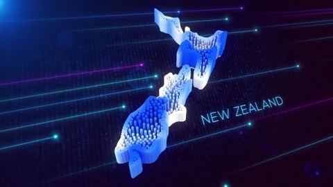 3D Blue White Hexagonal Prism Rippling New Zealand Map and Text with Hud Grid Stock Footage 280099095