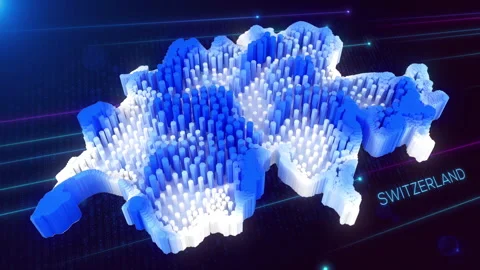 3D Blue White Hexagonal Prism Rippling Switzerland Map and Text with Hud Grid Stock Footage 280183773