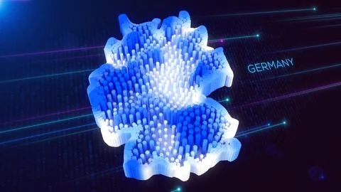 3D Blue White Hexagonal Prism Rippling Germany Map and Text with Hud Grid Stock Illustration