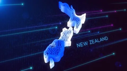 3D Blue White Hexagonal Prism Rippling New Zealand Map and Text with Hud Grid Stock Illustration