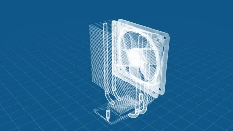 3D Blueprint of Computer Fan and Heat Sink Design in Blue Stock Footage 344724797
