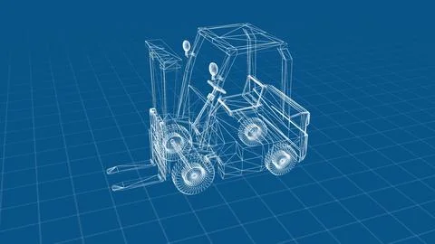 3D Blueprint of Forklift on Digital Grid Background Stock Illustration