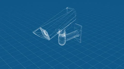 3D Blueprint of Security Camera with Wireframe Design for Technology Visual.. 스톡 동영상 344724556