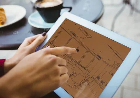 3D blueprint on tablet ( two-tone> brown and orange) Stock Photos