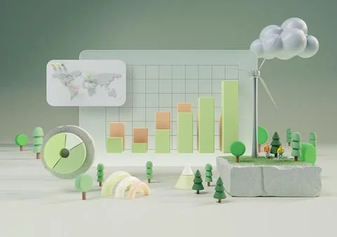 3D Board Meeting with Eco Data, Wind Turbine, Trees, Sustainability Charts ESG イラスト素材