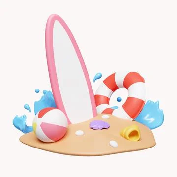 3d board with swimming ring and ball on sand. waves crashing on the beach Stock Illustration
