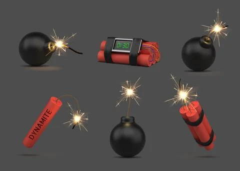 3d bomb. Dynamite explosive boom. TNT detonator or firework fuse stick. Wick  Stock Illustration