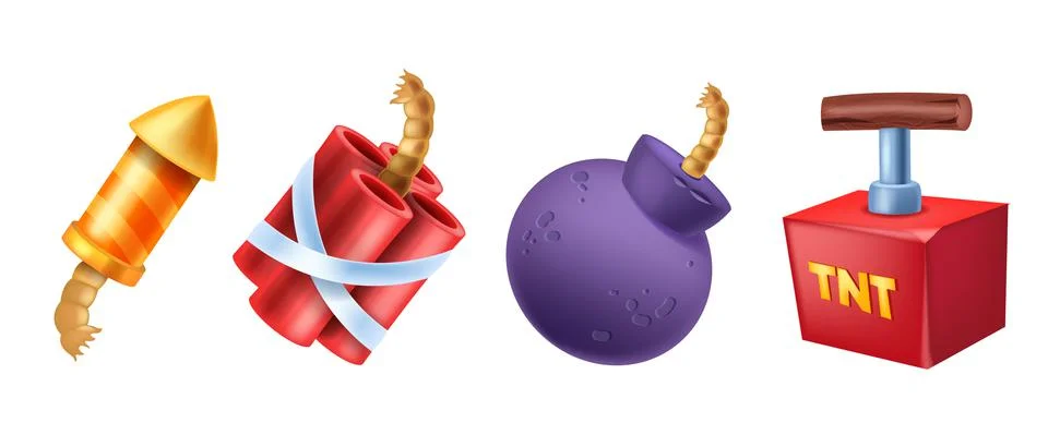 3D bomb game icon set, vector cartoon dynamite ball with fuse Stock Illustration
