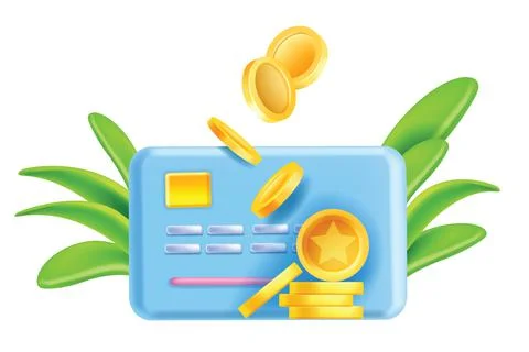3D bonus card vector concept, loyalty program golden coin, earn reward point Illustrazione stock