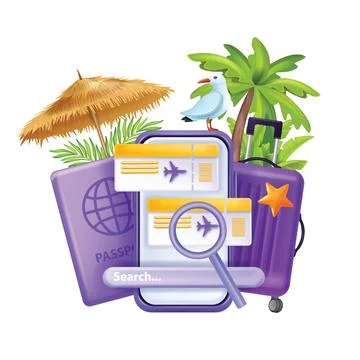 3D book flight, search ticket vector travel concept airline promotion voucher Stock Illustration